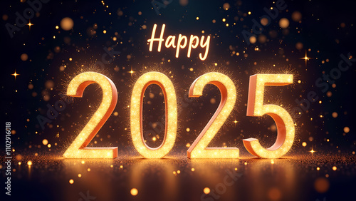 Happy New Year 2025 Glowing Numbers. Concept of celebration, holiday, and future.