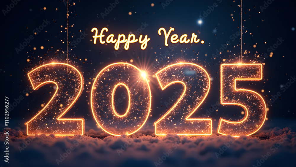 Happy New Year 2025 with sparkling lights and snow. Concept of celebration, holiday, and winter. Happy New Year 2025 with sparkling lights and snow. Concept of celebration, holiday, and winter.