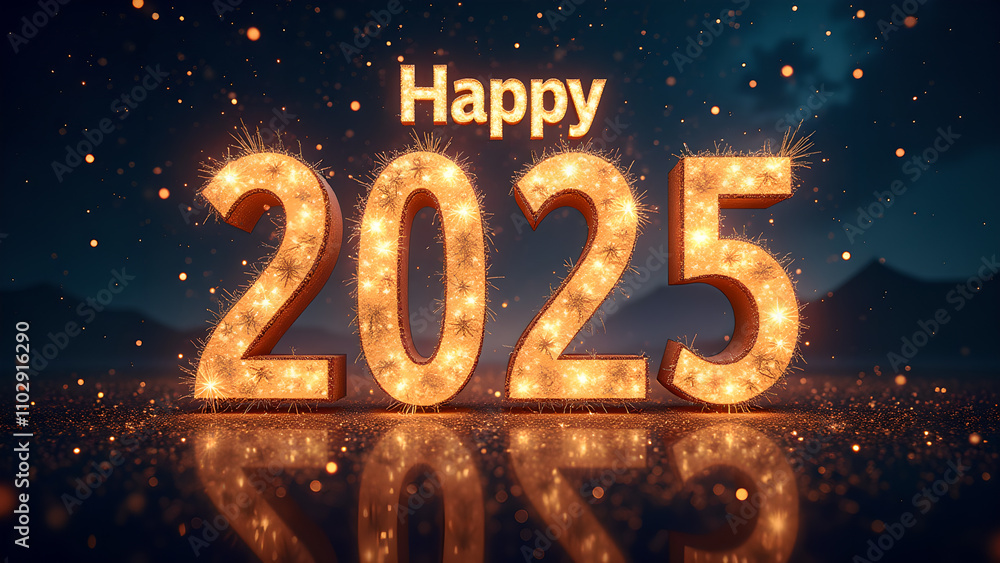 Happy New Year 2025 Celebration. Festive 3D Render with Lights. Happy New Year 2025 Celebration. Festive 3D Render with Lights.
