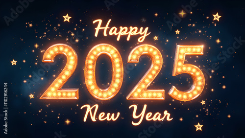 Happy New Year 2025 with golden lights. Festive celebration concept.