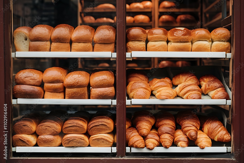 Bakery Display Fresh Bread, Croissants, and Loaves