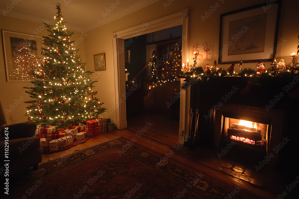 A cozy Christmas living room with a decorated tree, twinkling lights, and a glowing fireplace, creating a warm holiday atmosphere A cozy Christmas living room with a decorated tree, twinkling lights, and a glowing fireplace, creating a warm holiday atmosphere