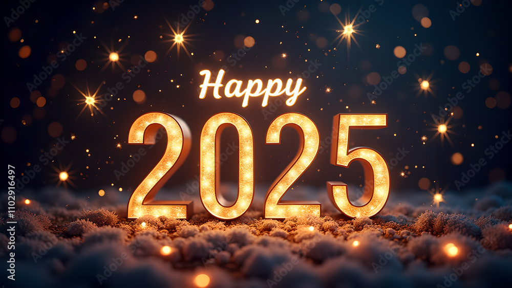 Happy New Year 2025 with glowing lights. Concept of celebration, holiday, and winter. Happy New Year 2025 with glowing lights. Concept of celebration, holiday, and winter.