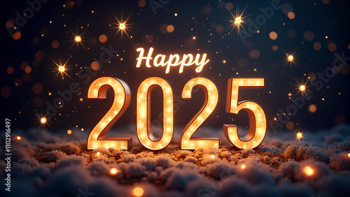 Happy New Year 2025 with glowing lights. Concept of celebration, holiday, and winter.