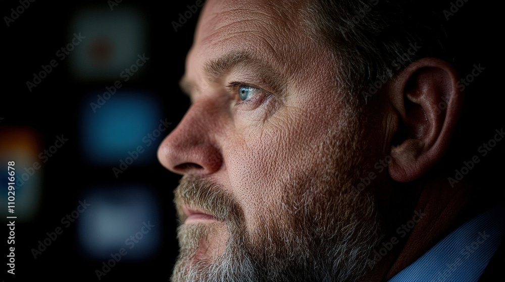 Obraz premium Thoughtful Mature Man Profile Close up Portrait Serious Expression Graying Beard Blue