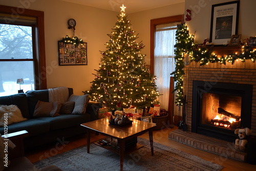 A cozy Christmas living room with a decorated tree, twinkling lights, and a glowing fireplace, creating a warm holiday atmosphere