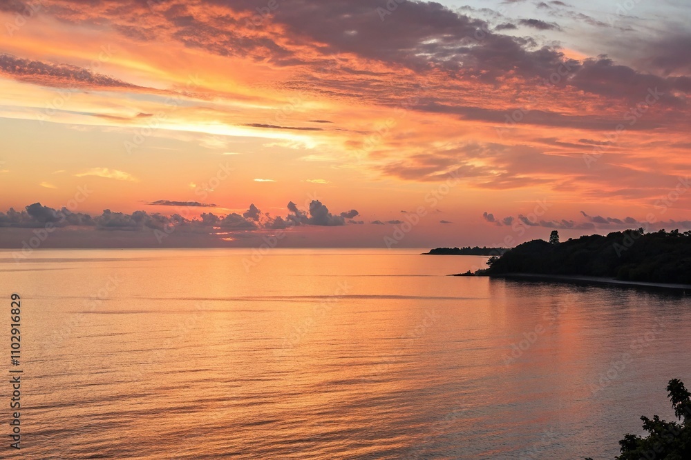 Fototapeta premium Softly glowing sunset over a serene ocean, light blue sky, peaceful atmosphere, sunset colors, ocean waves, serene landscape