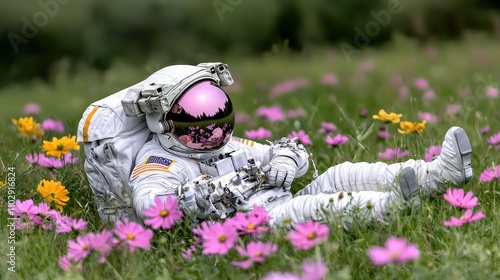 Fototapeta Naklejka Na Ścianę i Meble -  Astronaut Relaxing in Flower Field  Space  Nature  Serenity
