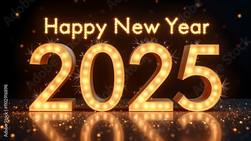 Happy New Year 2025 with golden lights. Festive celebration concept.