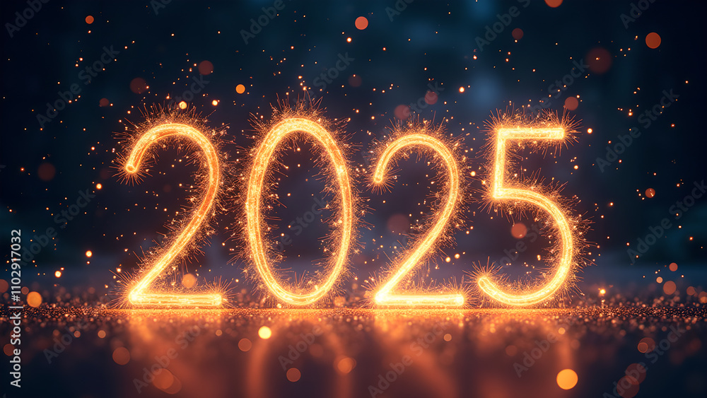 Sparkling 2025 New Year's Eve Celebration. Concept of future, hope, and new beginnings. Sparkling 2025 New Year's Eve Celebration. Concept of future, hope, and new beginnings.