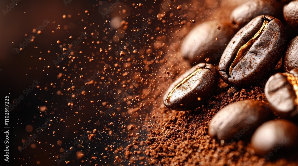 Flying coffee beans on dark brown background with copy space Flying coffee beans on dark brown background with copy space