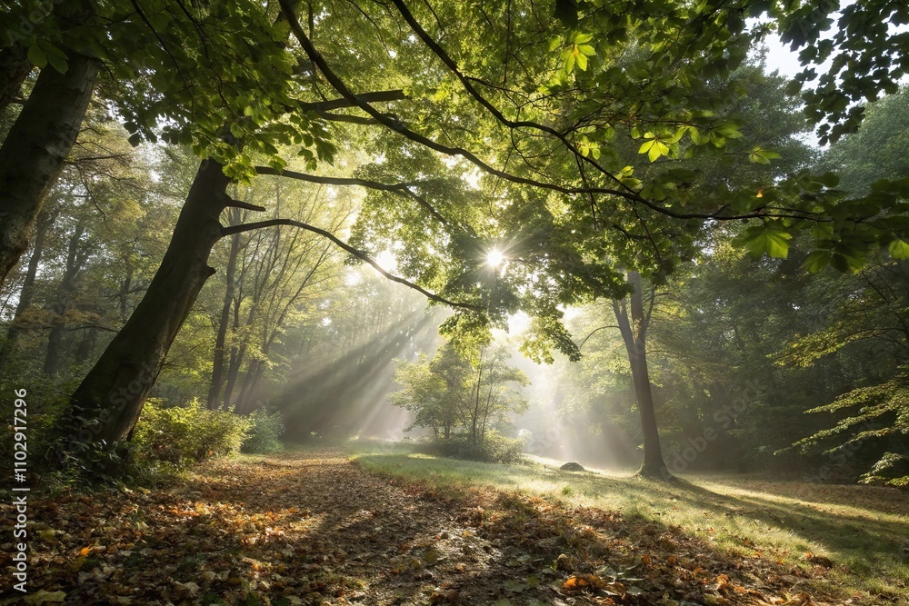 Obraz premium Sunlight streams through the forest's leafy canopy, forest canopy, greenery