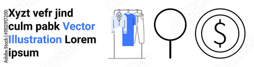 Clothing rack with shirts and dresses, magnifying glass, dollar sign. Ideal for fashion, online shopping, market research, price analysis, thrift stores ecommerce clothing stores. Landing page