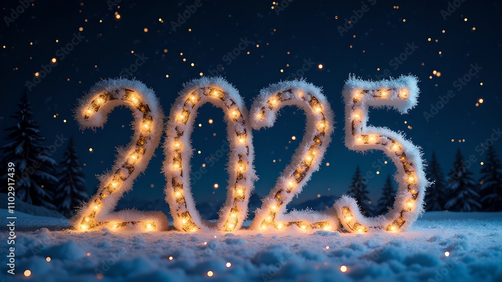 2025 New Year Snowy Night Scene. Concept of celebration, winter holidays, and new beginnings. 2025 New Year Snowy Night Scene. Concept of celebration, winter holidays, and new beginnings.