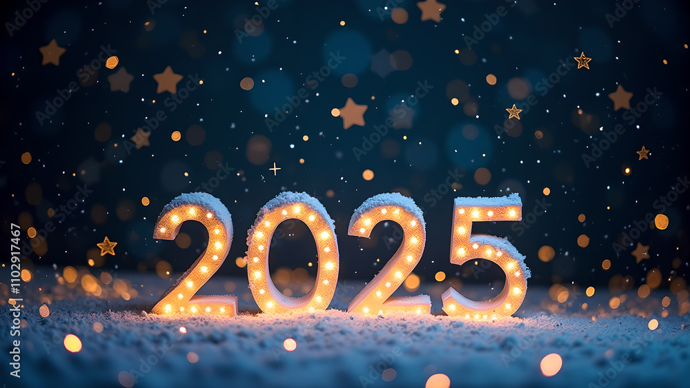 2025 New Year celebration with snow and lights. Concept of hope, future, and celebration. 2025 New Year celebration with snow and lights. Concept of hope, future, and celebration.