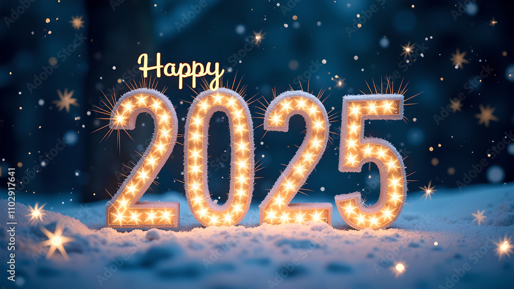 2025 Happy New Year in snow with lights. Concept of celebration, winter, and holidays. 2025 Happy New Year in snow with lights. Concept of celebration, winter, and holidays.