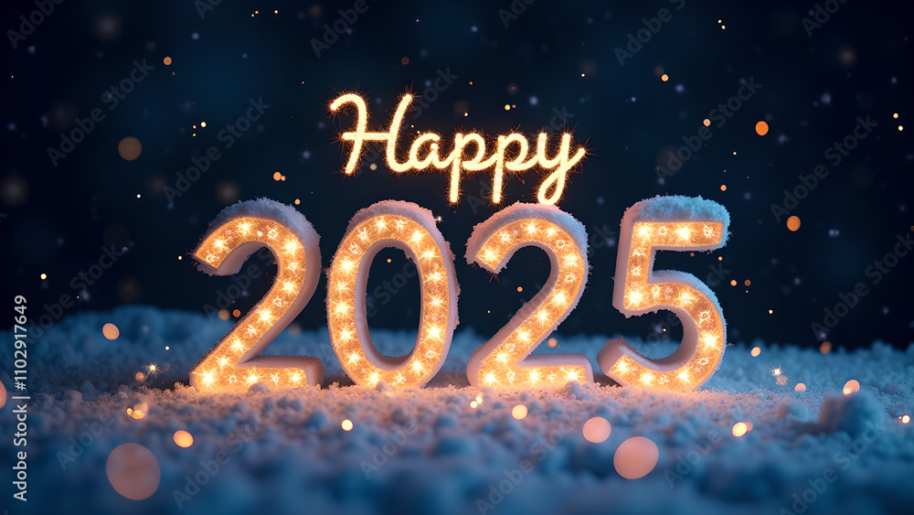 Happy New Year 2025 with snow and lights. Concept of celebration, winter, and holiday. Happy New Year 2025 with snow and lights. Concept of celebration, winter, and holiday.