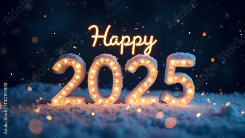 Happy New Year 2025 with snow and lights. Concept of celebration, winter, and holiday.