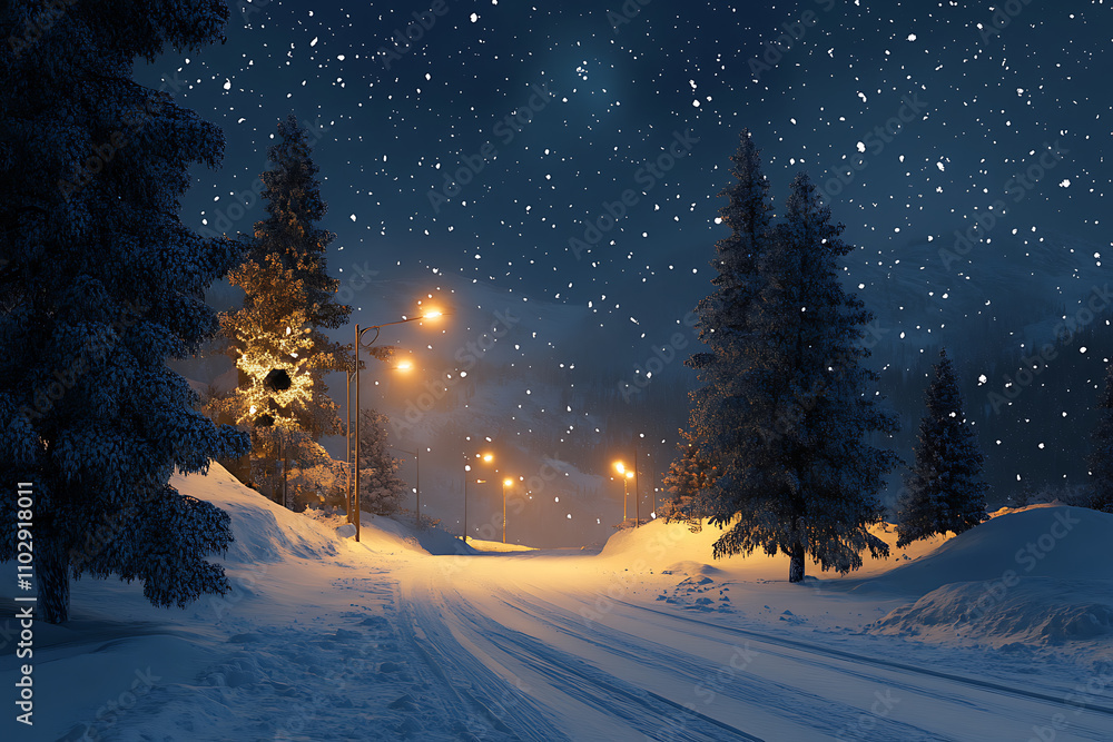 A snowy winter scene with frosted pine trees, glowing streetlights, and falling snowflakes under a starry sky, evoking peace and magic A snowy winter scene with frosted pine trees, glowing streetlights, and falling snowflakes under a starry sky, evoking peace and magic