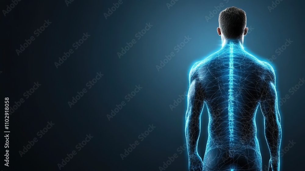 Visualization of Human Anatomy with Glowing Neural Network Connections on Male Back Representing Internal Structures and Body Functionality Visualization of Human Anatomy with Glowing Neural Network Connections on Male Back Representing Internal Structures and Body Functionality