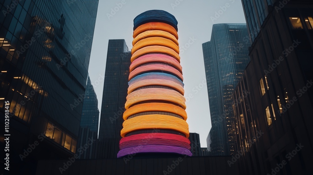 Obraz premium Colorful and Vibrant Urban Sculpture in a Modern Cityscape Surrounded by Skyscrapers at Dusk, Showcasing Contemporary Art and Architecture