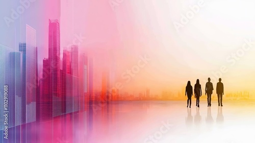 Group of individuals standing against a vibrant city skyline, showcasing urban life, togetherness, and modern architecture in a surreal, colorful atmosphere during sunrise or sunset.