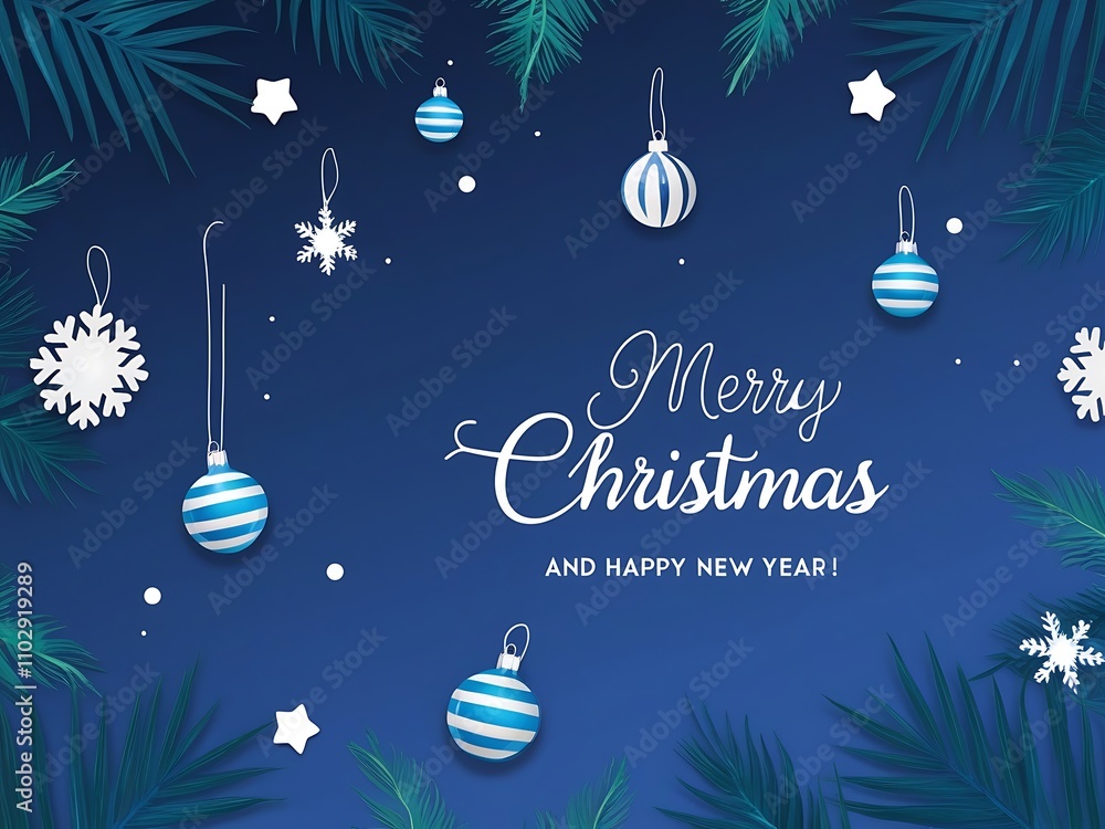 Fototapeta premium Blue Christmas Ornament And Palm Leaf Festive Design