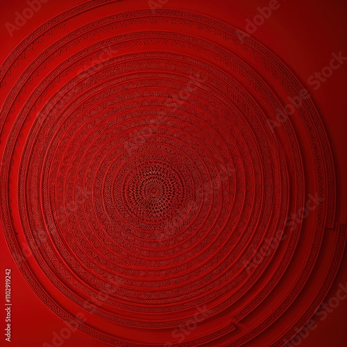 Intricate red mandala on bold monochromatic background.