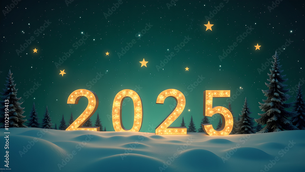 2025 New Year's Eve Winter Landscape. Concept of celebration, hope, and new beginnings. 2025 New Year's Eve Winter Landscape. Concept of celebration, hope, and new beginnings.