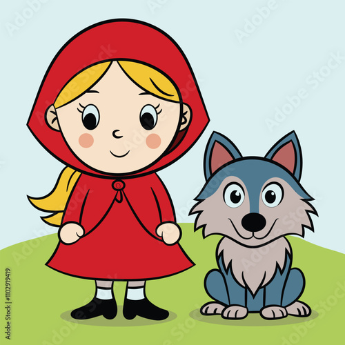Little red cartoon drawing riding hood with wolf vector illustration