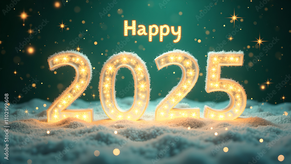 Happy New Year 2025 with snow and lights. Concept of celebration, winter, and holidays. Happy New Year 2025 with snow and lights. Concept of celebration, winter, and holidays.