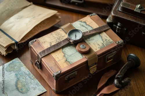 an old suitcase with a compass on top of it