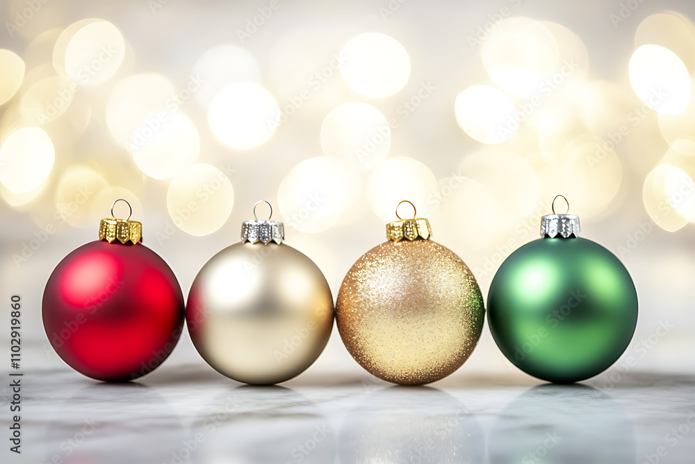 Shiny Christmas ornaments in gold, red, and green with delicate patterns, set against glowing holiday lights in a festive, elegant style Shiny Christmas ornaments in gold, red, and green with delicate patterns, set against glowing holiday lights in a festive, elegant style