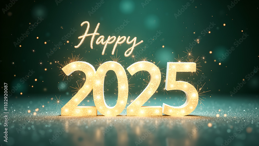 Happy New Year 2025 with golden lights. Concept of celebration, holiday, and new beginnings. Happy New Year 2025 with golden lights. Concept of celebration, holiday, and new beginnings.