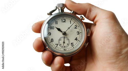 hand holding a stopwatch isolated on white background