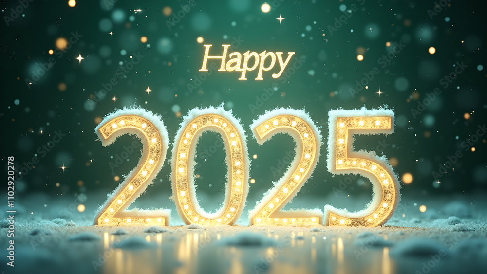 Happy New Year 2025 with snow and lights. Concept of celebration, winter, and holiday. Happy New Year 2025 with snow and lights. Concept of celebration, winter, and holiday.