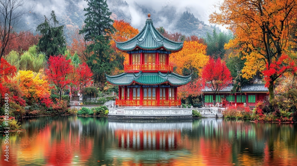 Close-Up of Traditional Pagoda near Dujiangyan with Autumn Foliage Close-Up of Traditional Pagoda near Dujiangyan with Autumn Foliage