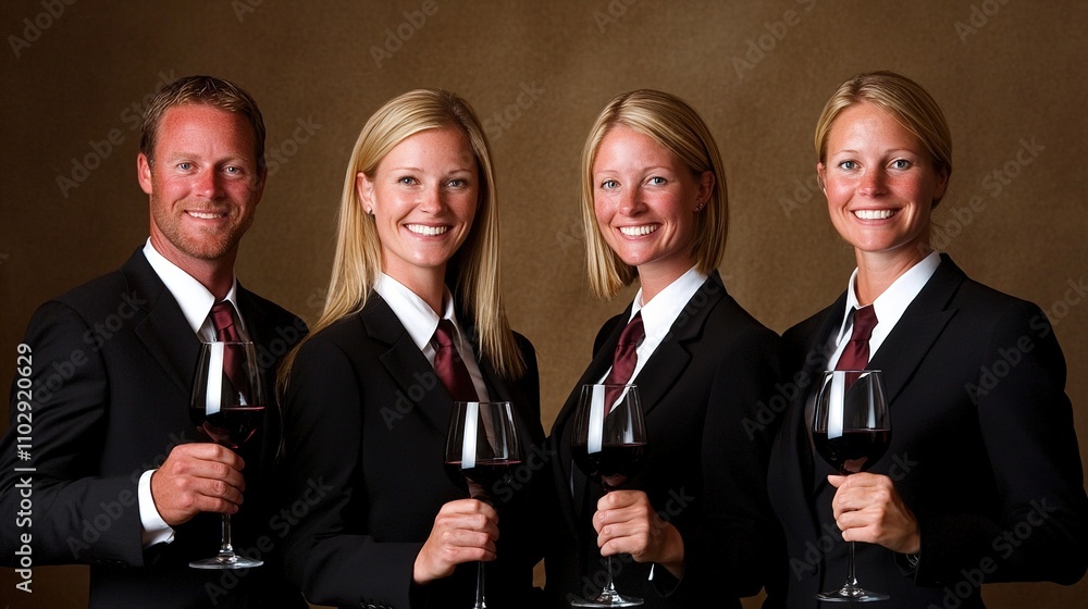 Group of four smiling professionals in formal attire holding wine glasses against a textured brown background, showcasing elegance and teamwork in a celebratory setting Group of four smiling professionals in formal attire holding wine glasses against a textured brown background, showcasing elegance and teamwork in a celebratory setting