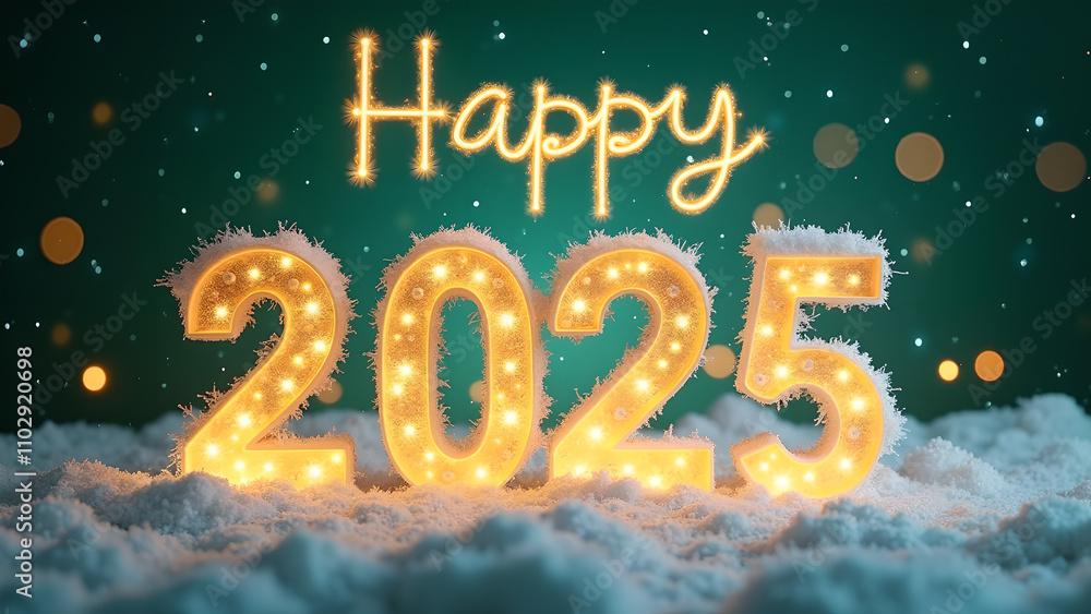 Happy New Year 2025 with snow and lights. Festive winter holiday concept. Happy New Year 2025 with snow and lights. Festive winter holiday concept.