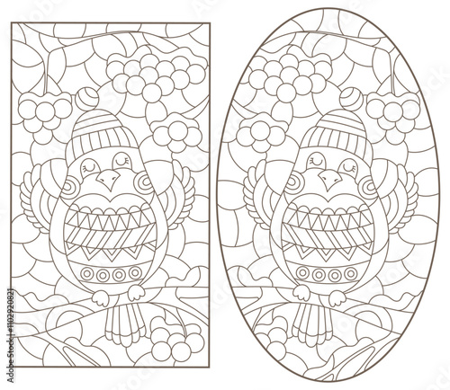 A set of contour illustrations in the style of stained glass with funny birds on mountain ash branches, dark outlines on a white background