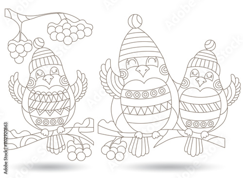 A set of contour illustrations in the style of stained glass with funny birds on mountain ash branches, dark outlines on a white background