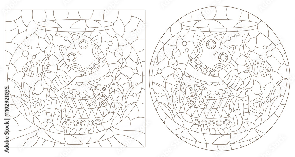 Fototapeta premium A set of contour illustrations in the style of a stained glass window with cats and an aquarium , dark contours on a white background