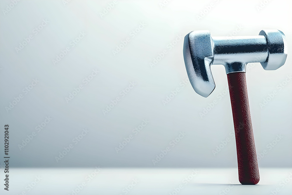 Shiny Metal Hammer with Red Handle Standing Upright on a Neat Background, Highlighting Perfect Craftsmanship and Tool Design for Creative Projects and Industries Shiny Metal Hammer with Red Handle Standing Upright on a Neat Background, Highlighting Perfect Craftsmanship and Tool Design for Creative Projects and Industries