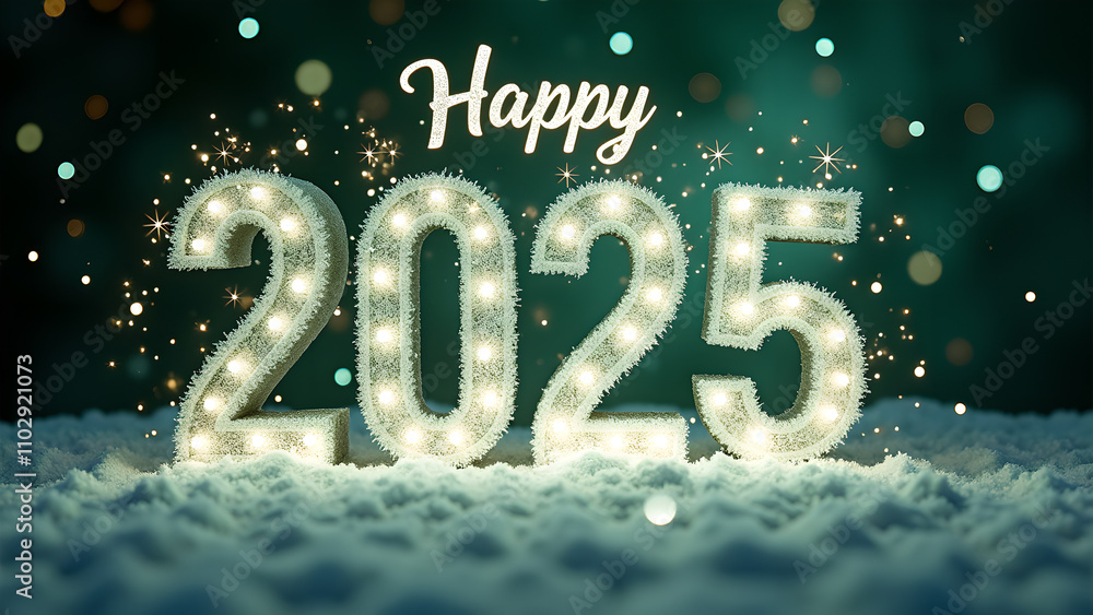 Happy New Year 2025 with snow and lights. Festive winter holiday concept. Happy New Year 2025 with snow and lights. Festive winter holiday concept.