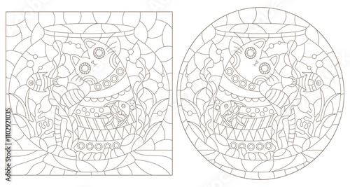 A set of contour illustrations in the style of a stained glass window with cats and an aquarium , dark contours on a white background