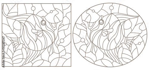 A set of contour illustrations in the style of a stained glass window with fish, dark contours on a white background