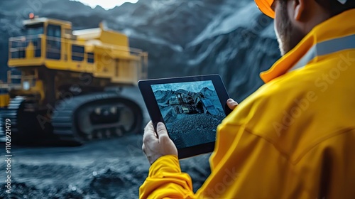 Workers use tablets to control the drilling head of a mining truck. photo