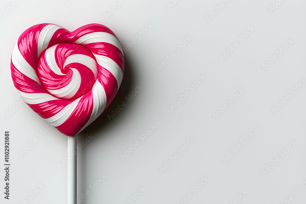 Colorful Heart-Shaped Lollipop with Swirling Pink and White Stripes on a Neutral Background, Perfect for Celebrations and Sweet Treats Colorful Heart-Shaped Lollipop with Swirling Pink and White Stripes on a Neutral Background, Perfect for Celebrations and Sweet Treats