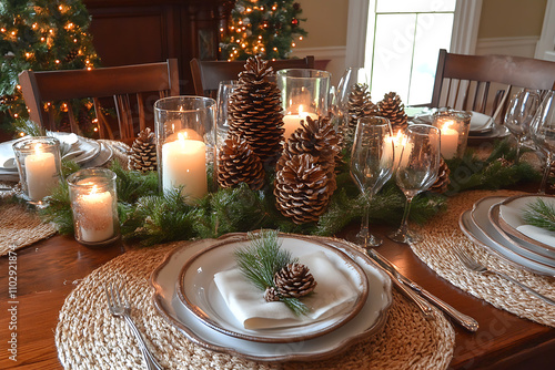 A rustic Christmas table with pinecones, candles, and natural decorations, creating a warm, inviting holiday setting for family gatherings photo