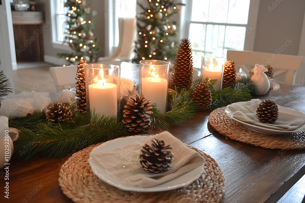 A rustic Christmas table with pinecones, candles, and natural decorations, creating a warm, inviting holiday setting for family gatherings A rustic Christmas table with pinecones, candles, and natural decorations, creating a warm, inviting holiday setting for family gatherings